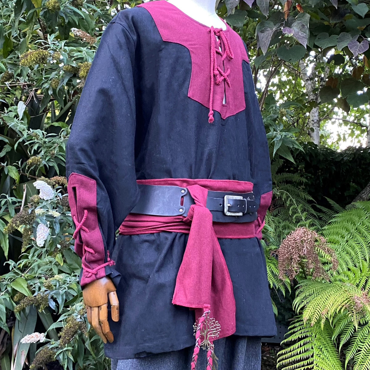 two-tone wool Viking shirt in black and red for Ren faire outfit.