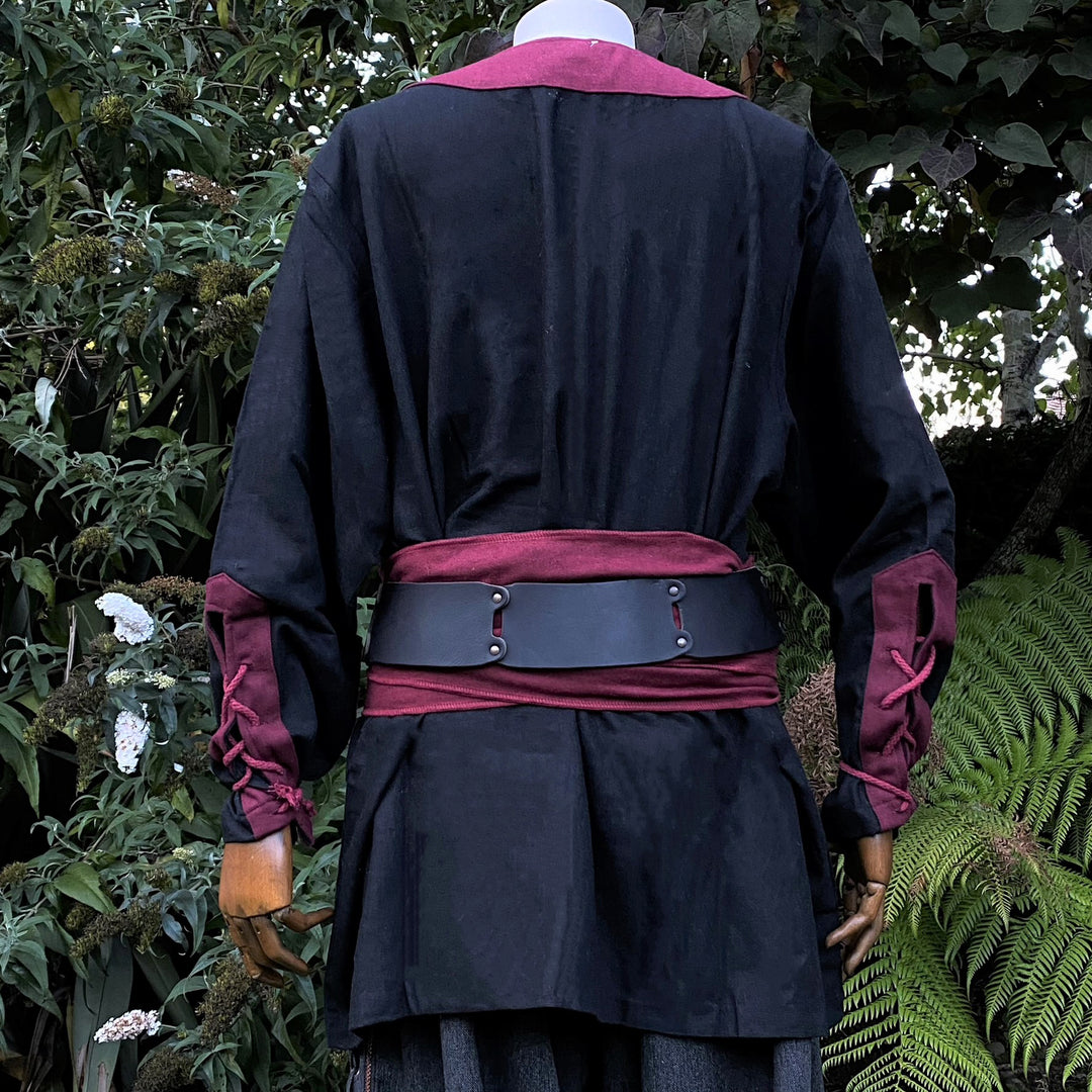 wool Viking tunic shirt in black and red tones for fantasy costume.