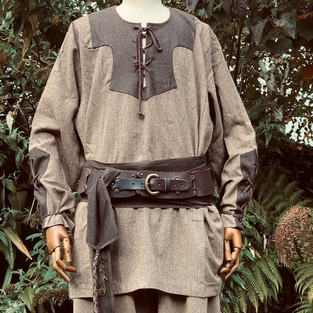 Brown LARP herbalist shirt with laced collar and belt, front view.