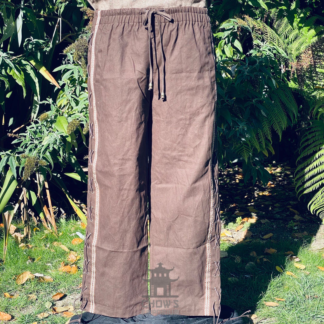 side lace braiding brown medieval pants for fantasy costume.