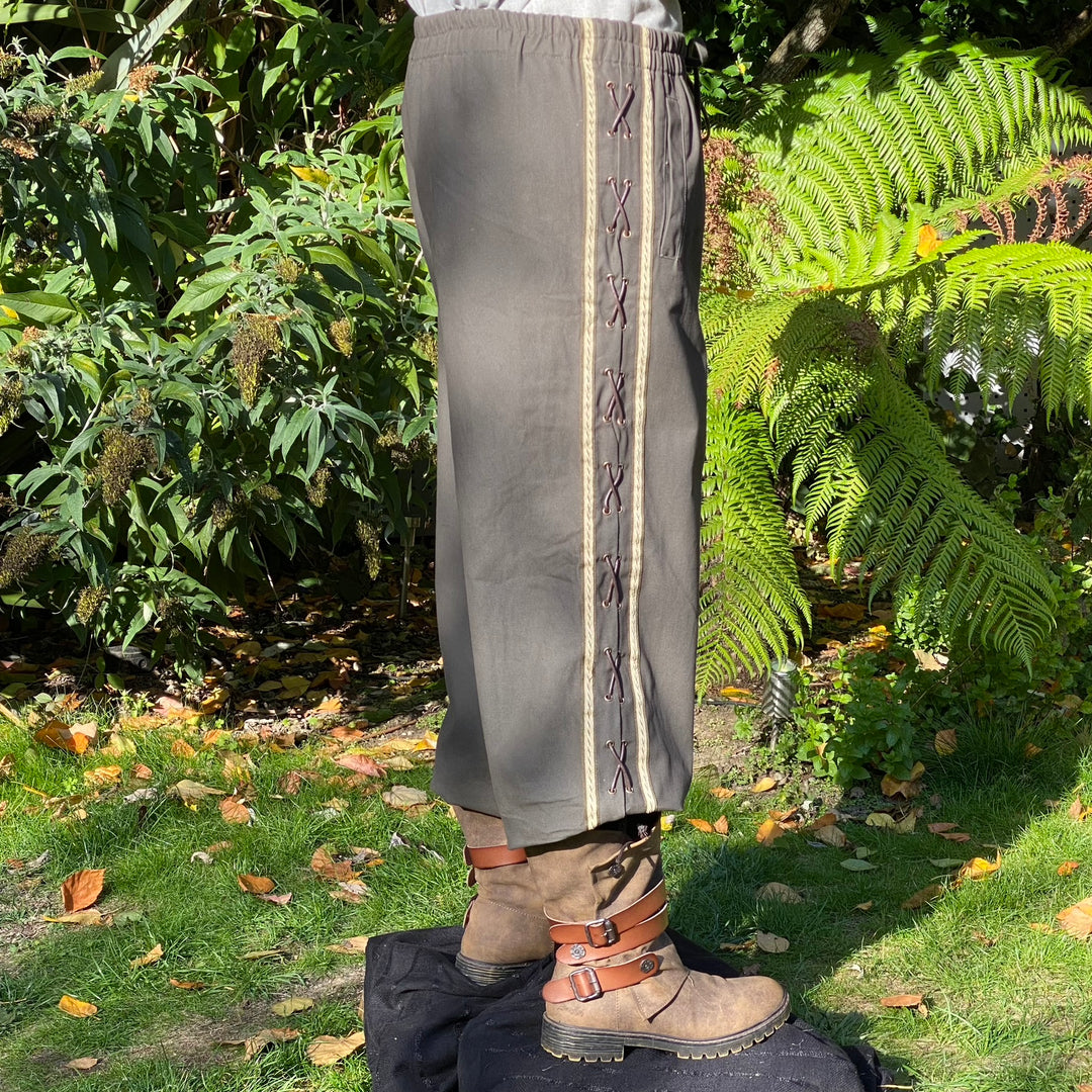 LARP medieval pants in grey with side lacing, side view.