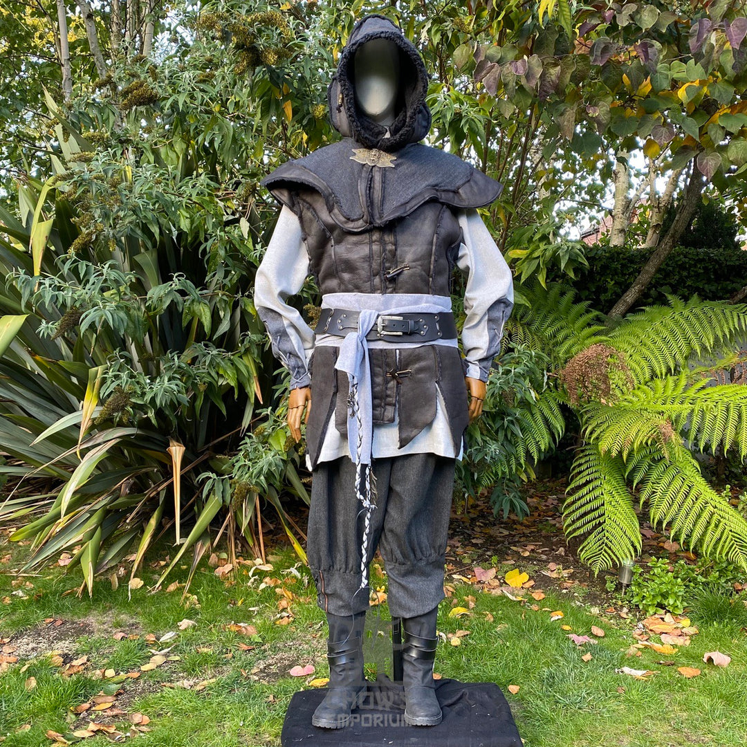 LARP medieval hunter set in dark fabric with hood, waistcoat, vambraces, and sash.
