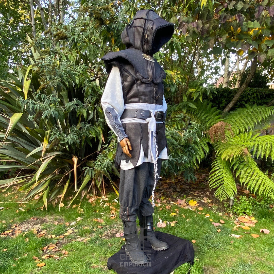 Black LARP demon hunter set with hood and waistcoat, side view.