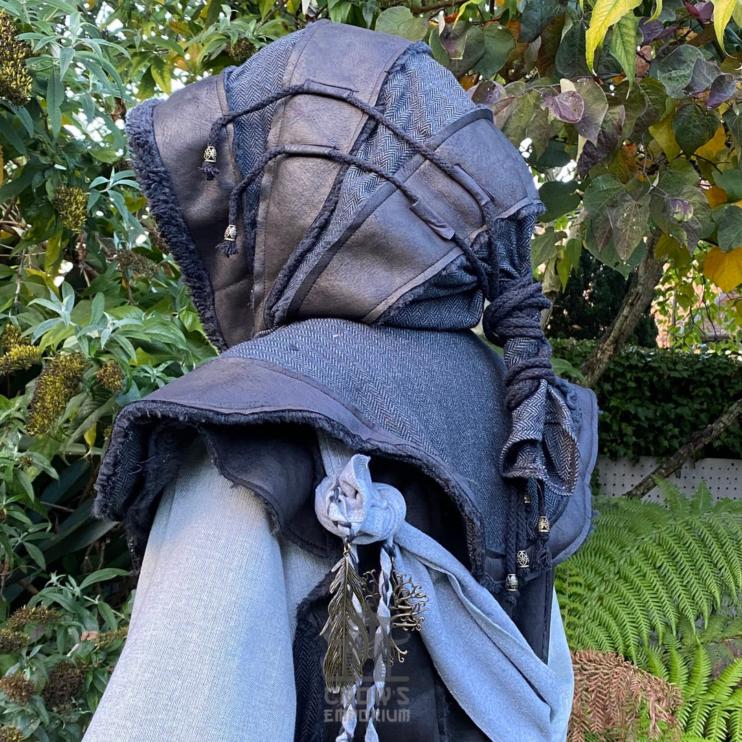 LARP Demon Hunter set featuring a dark hood, waistcoat, vambraces, and sash.