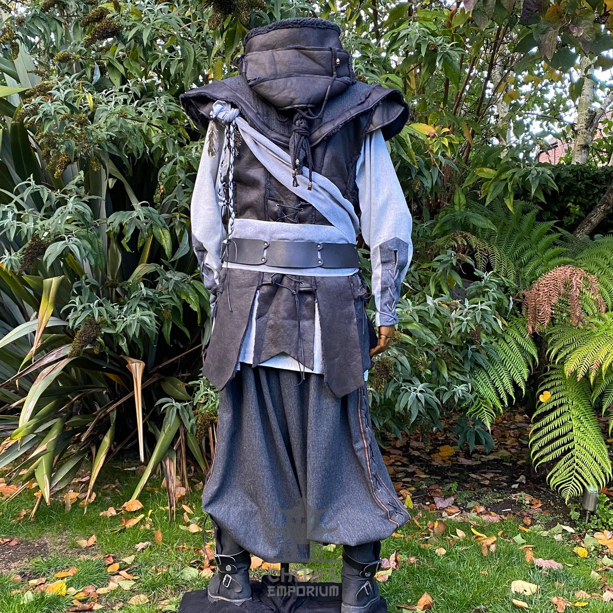 LARP Demon Hunter costume set with black hood, waistcoat, vambraces, sash.