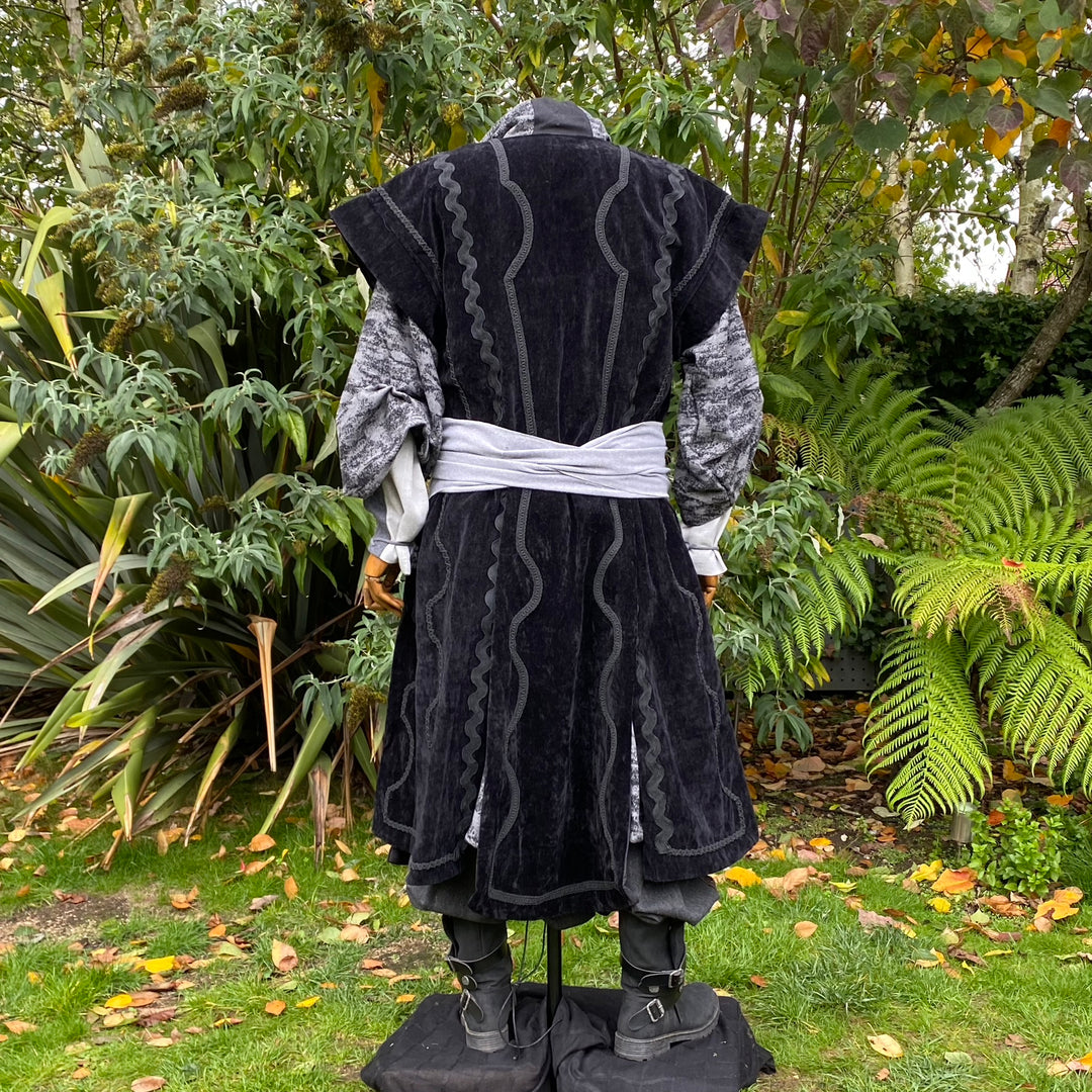 Black suede-effect fantasy waistcoat with ornate detailing and layered medieval styling.