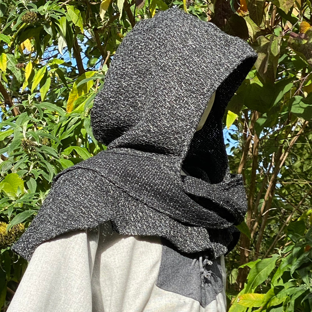 Dark textured LARP battle mage hood and robe with greenery.