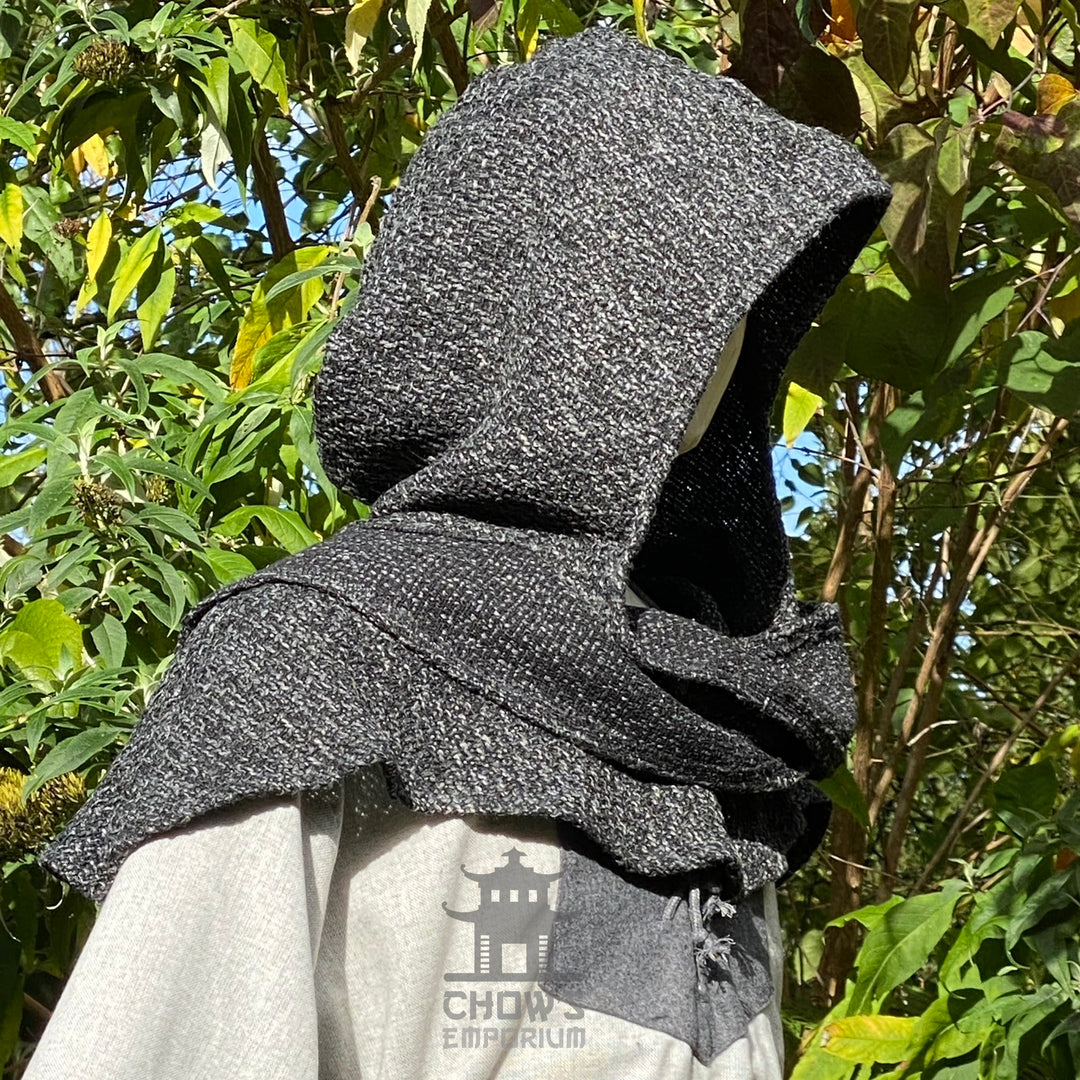 Dark grey LARP hooded robe, textured fabric, side view, medieval style.