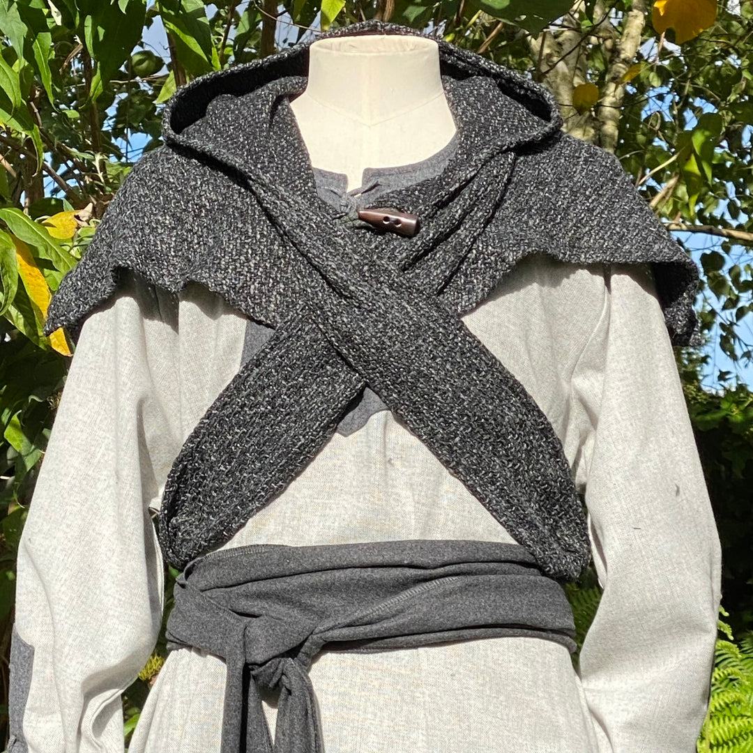 Grey medieval LARP tunic with cross-over hood.