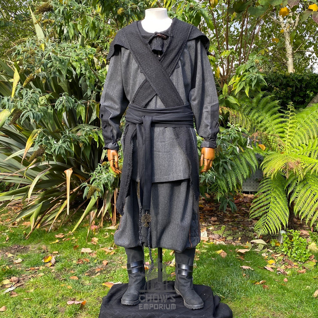 Black wool scarf hood in front view for LARP.