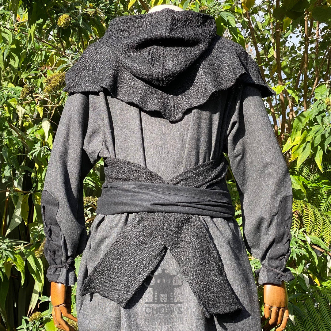 Black wool scarf hood, back view, ideal for medieval LARP costumes.