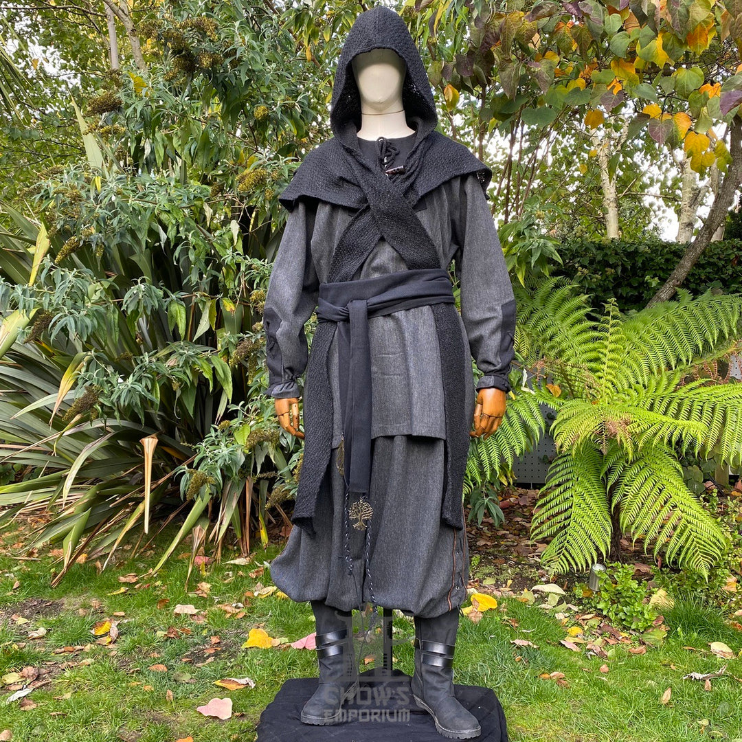Black wool scarf hood for medieval or LARP costume, front view.