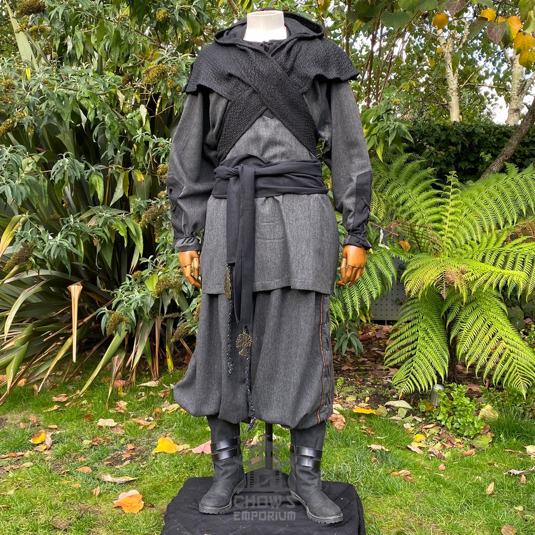 Black wool scarf hood in a medieval style, front view, LARP costume.