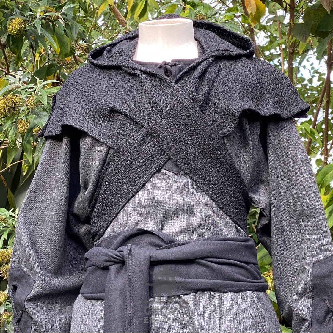 Black wool scarf hood for LARP, medieval style, front view.