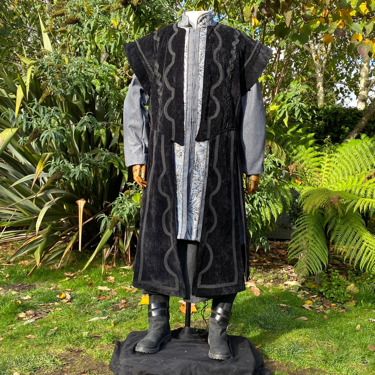 Black suede-effect wizard waistcoat with ornate braiding and panelled design for LARP and.