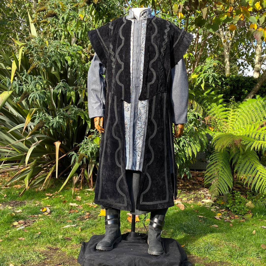 Black suede-effect wizard waistcoat with ornate braiding and panelled design for LARP and.