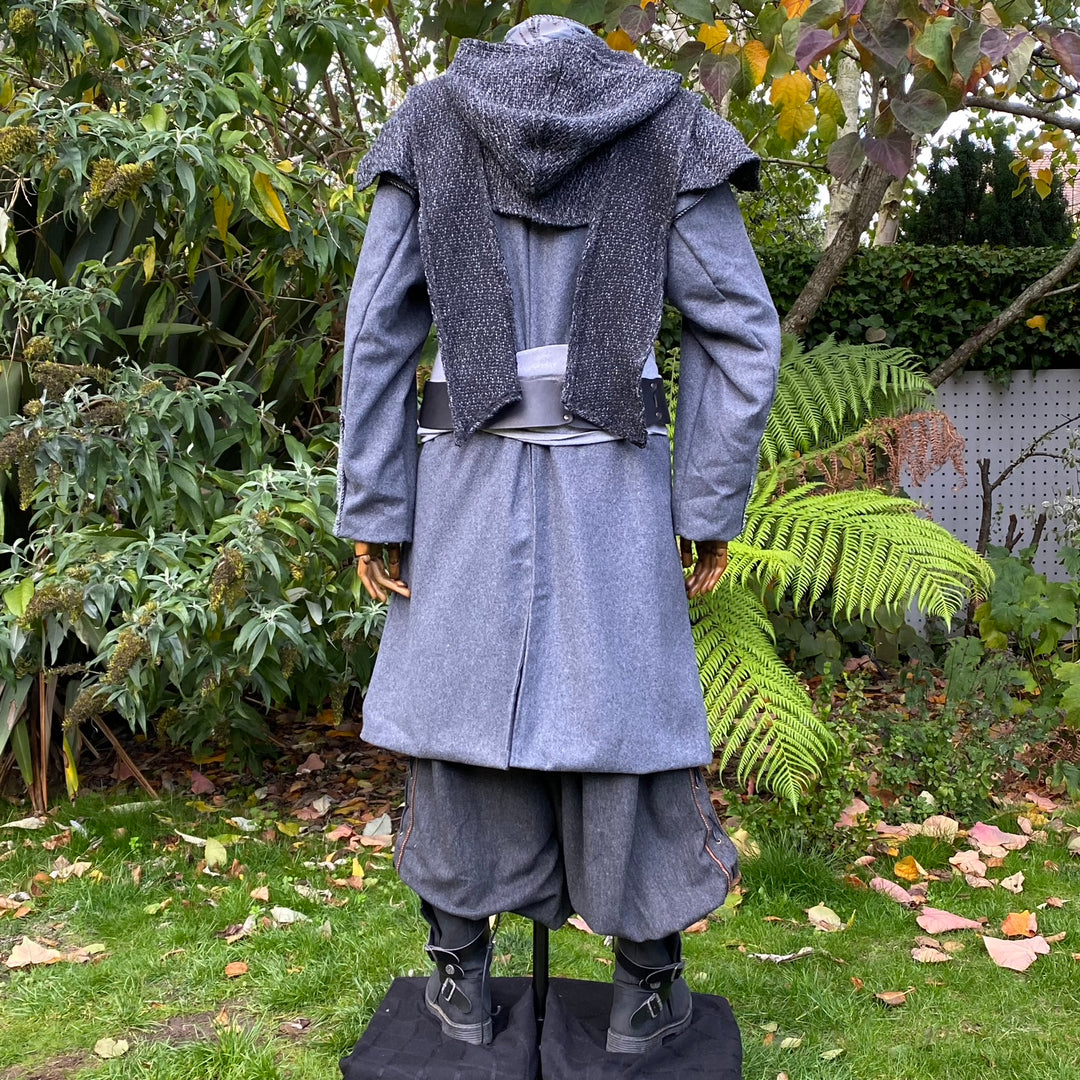 Back view of medieval LARP outfit with grey coat and hood.