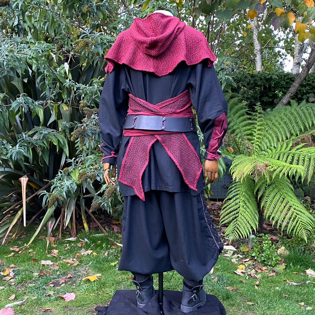 Back view of red wool medieval LARP hood with wrap details.