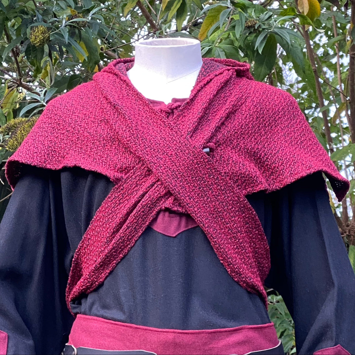 Red wool scarf hood in crisscross style for LARP.