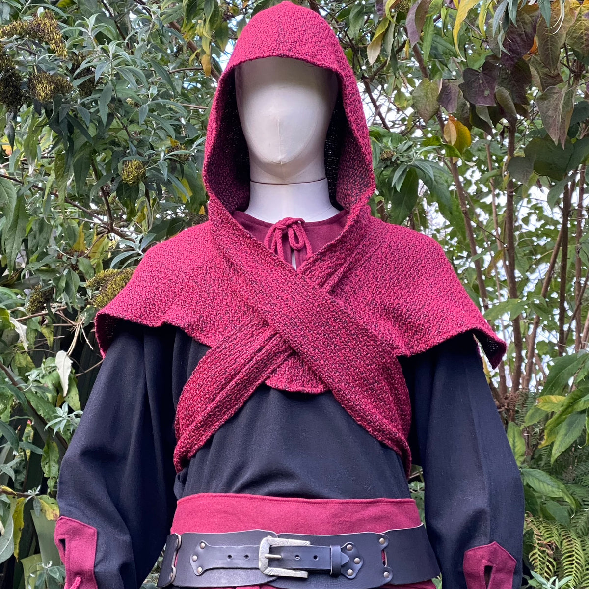 Red wool hood with cross-front style for LARP, displayed.
