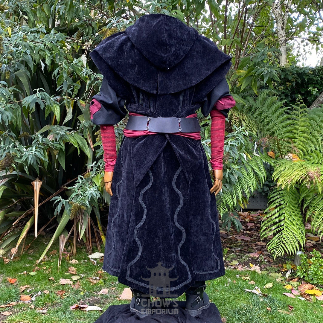 Black suede-effect wizard coat with hood, back view.