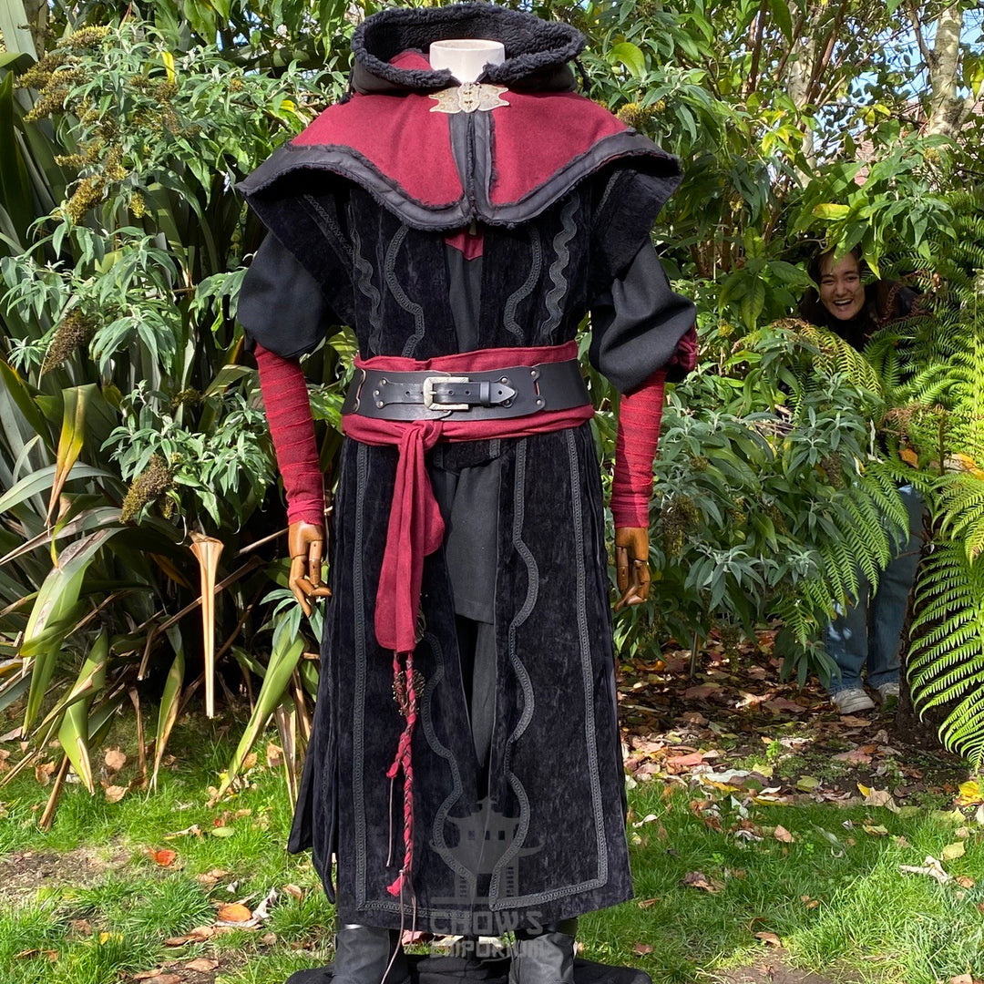 Panelled black suede-effect wizard waistcoat for LARP, red accents, front view.