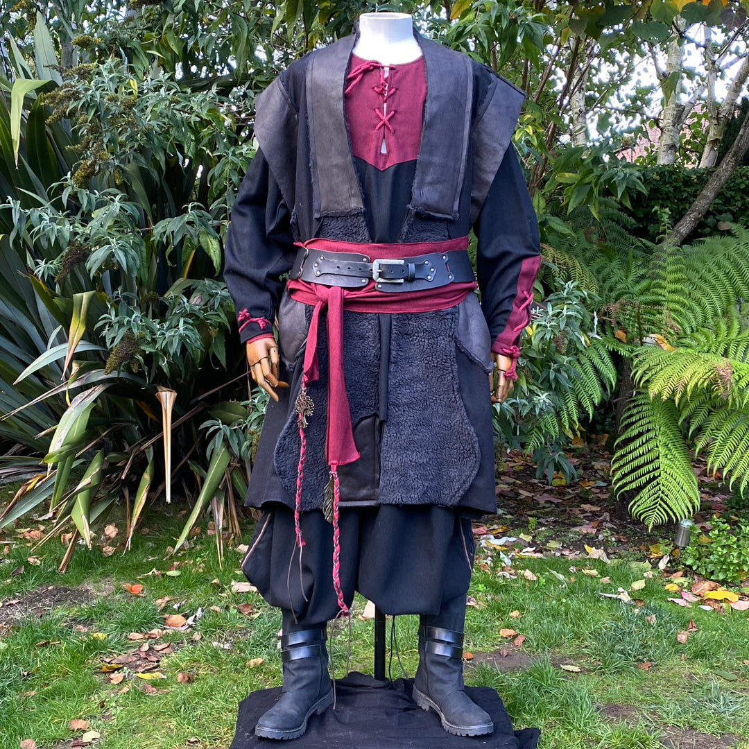 LARP black waistcoat with red accents, front view amid.