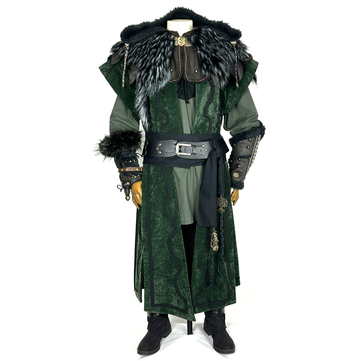 Green medieval LARP costume set with hood, vambraces, and fur details.