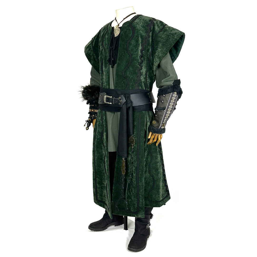 Green velvet medieval LARP costume with waistcoat, hood, vambraces, and sash.