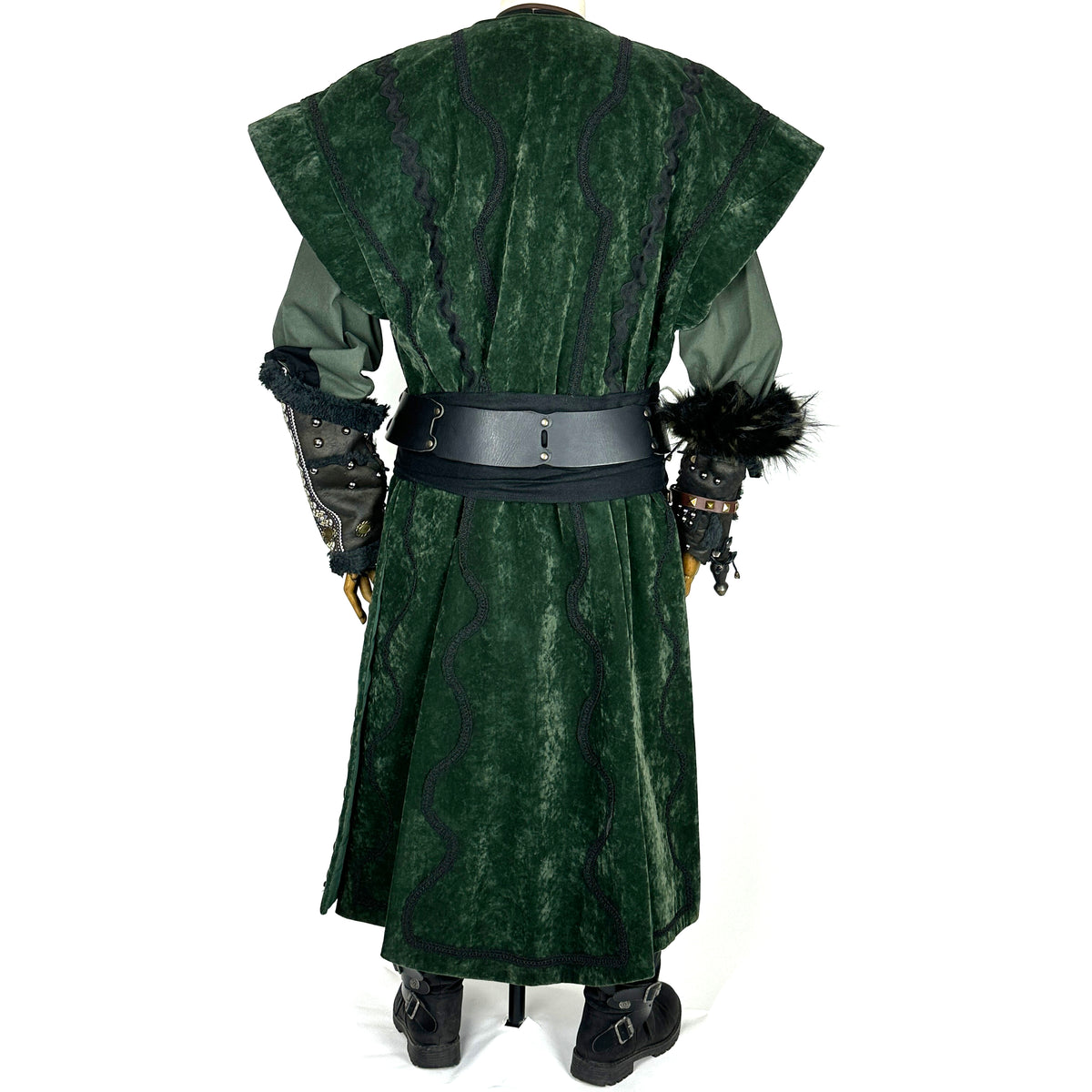 Green medieval LARP waistcoat and accessories, back view, velvet texture.