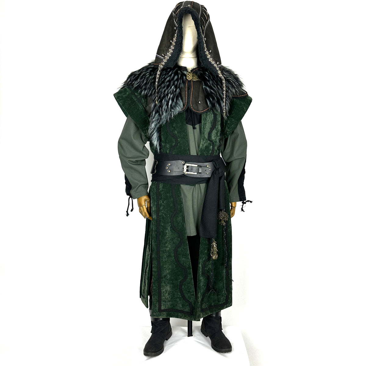 Front view of a medieval LARP costume, featuring a faux leather hood, long green suede-effect.