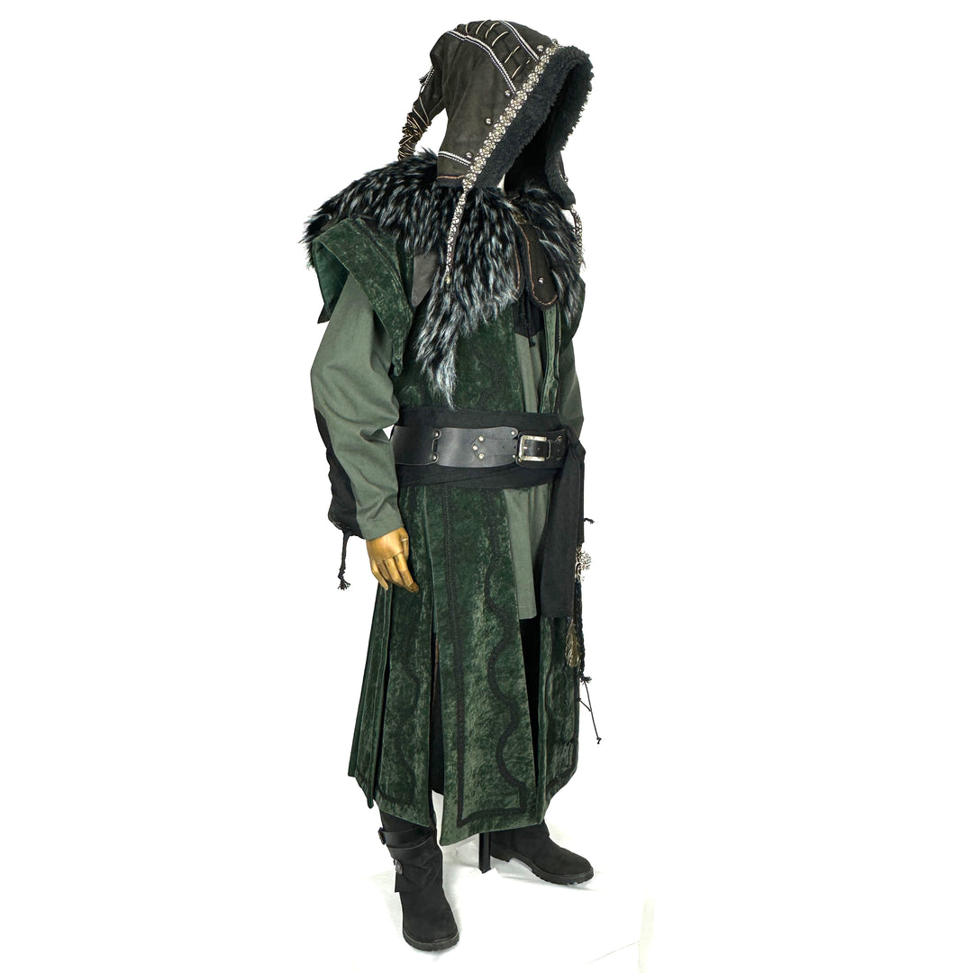 Side view of a medieval LARP costume, featuring a faux leather hood, long green suede-effect.