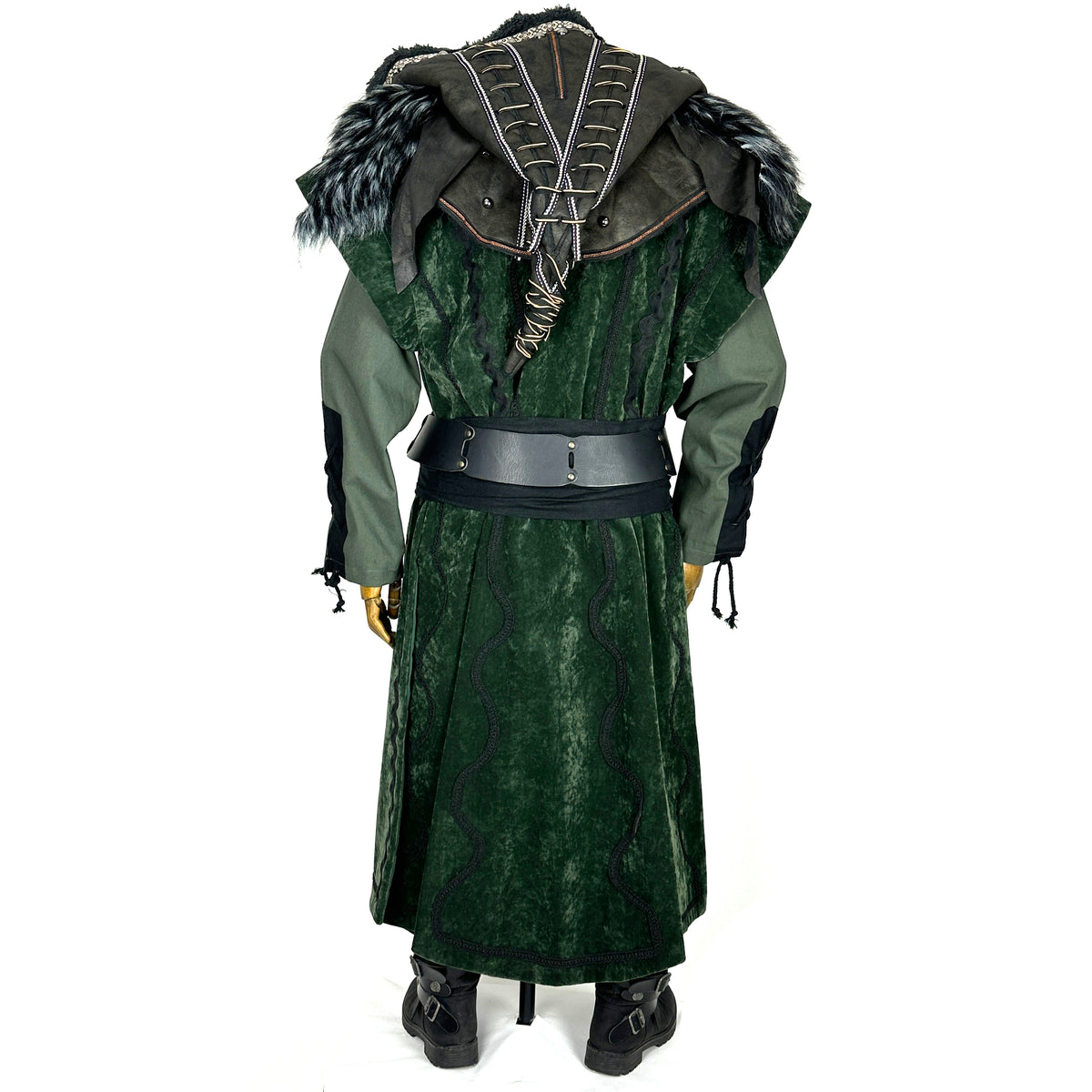 Dark green medieval LARP costume, back view, with waistcoat and hood.