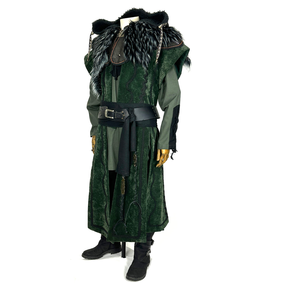 Dark green medieval LARP costume with fur-trimmed hood and black belt.