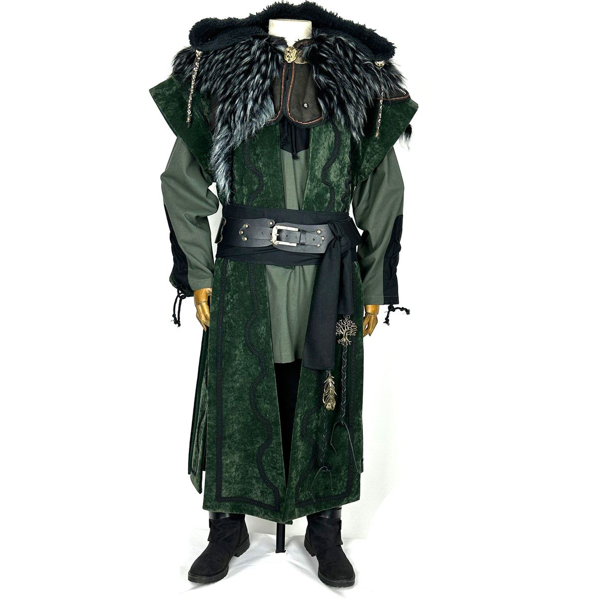 Green medieval LARP set with waistcoat, hood, sash, and necklace. Front view.