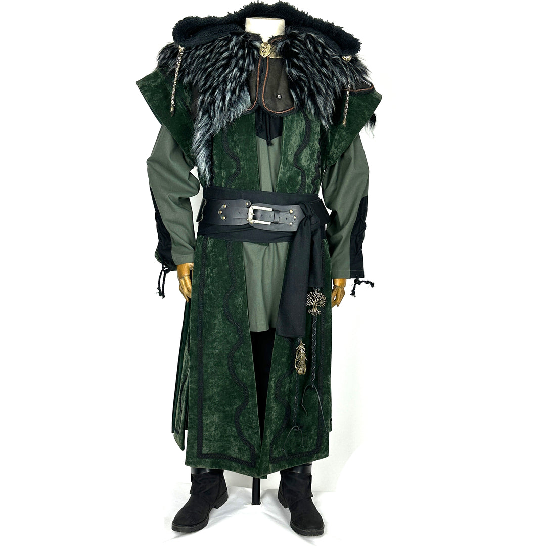 Green medieval LARP set with waistcoat, hood, sash, and necklace. Front view.