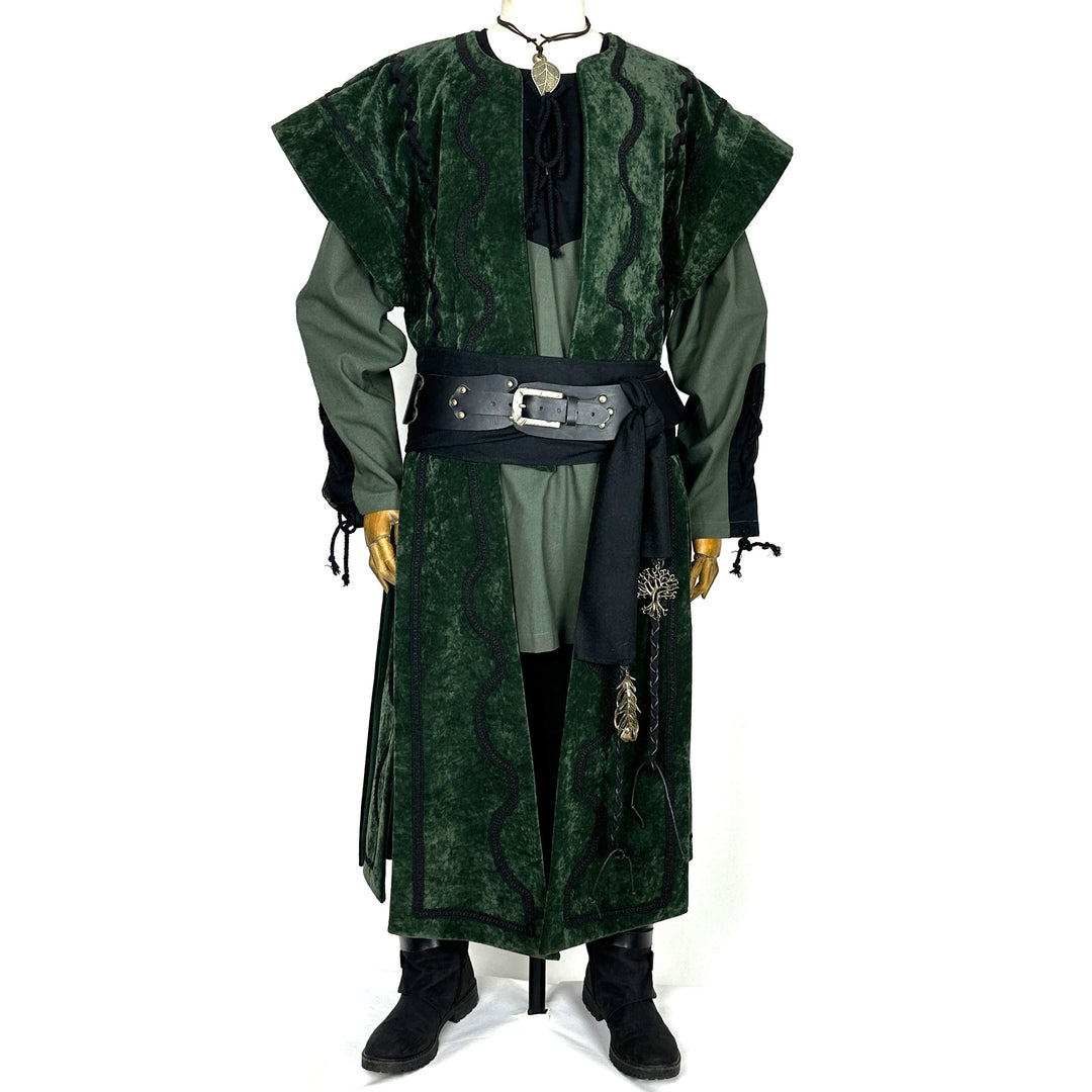 Dark green medieval LARP costume with waistcoat, hood, and black accents.