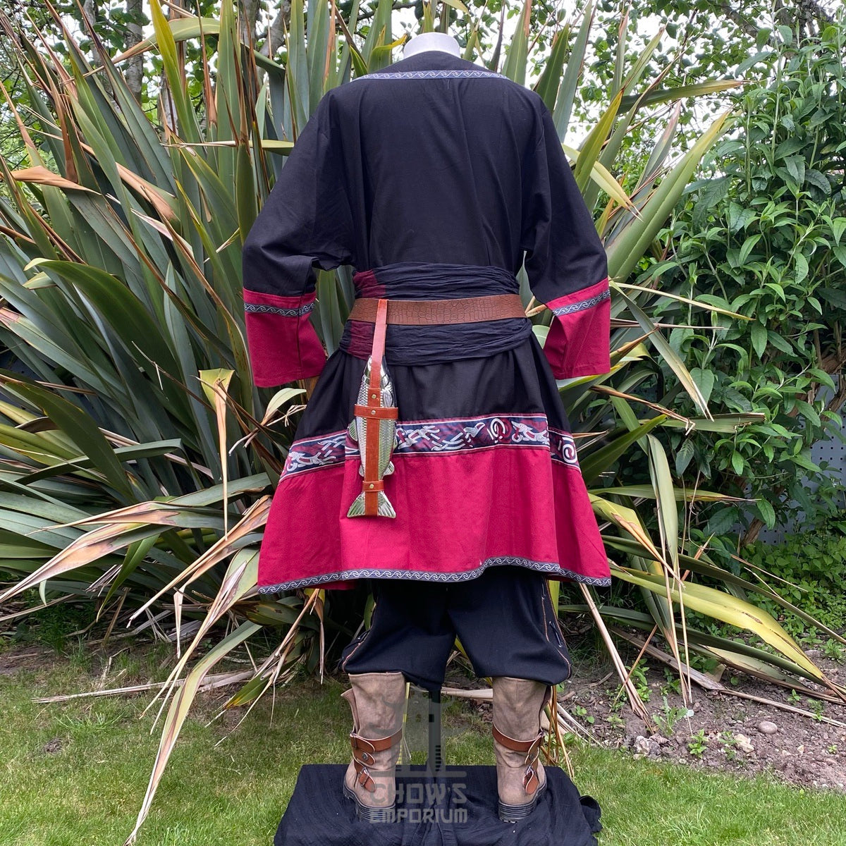 Black and red Viking tunic, rear view, linen mix for LARP or medieval wear.