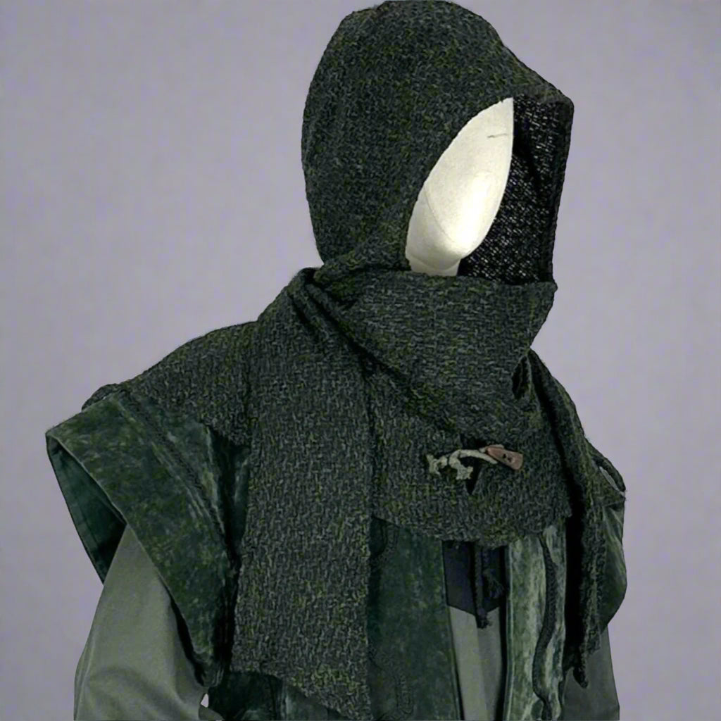 Dark green LARP druid set with hood and textured fabric, side angle.