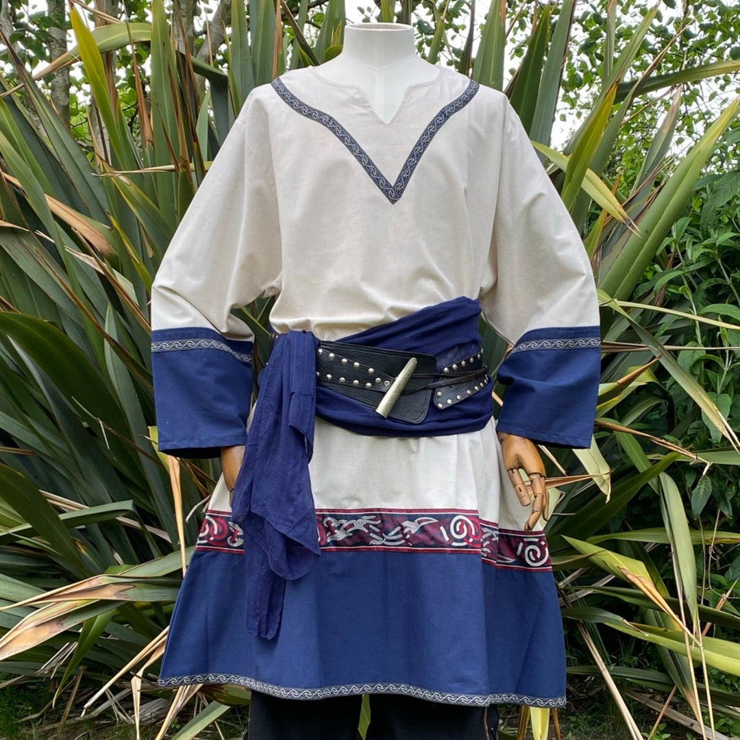 Viking Tunic in Two Tone White and Blue linen cotton with embroidery, for Cosplay, Renaissance.