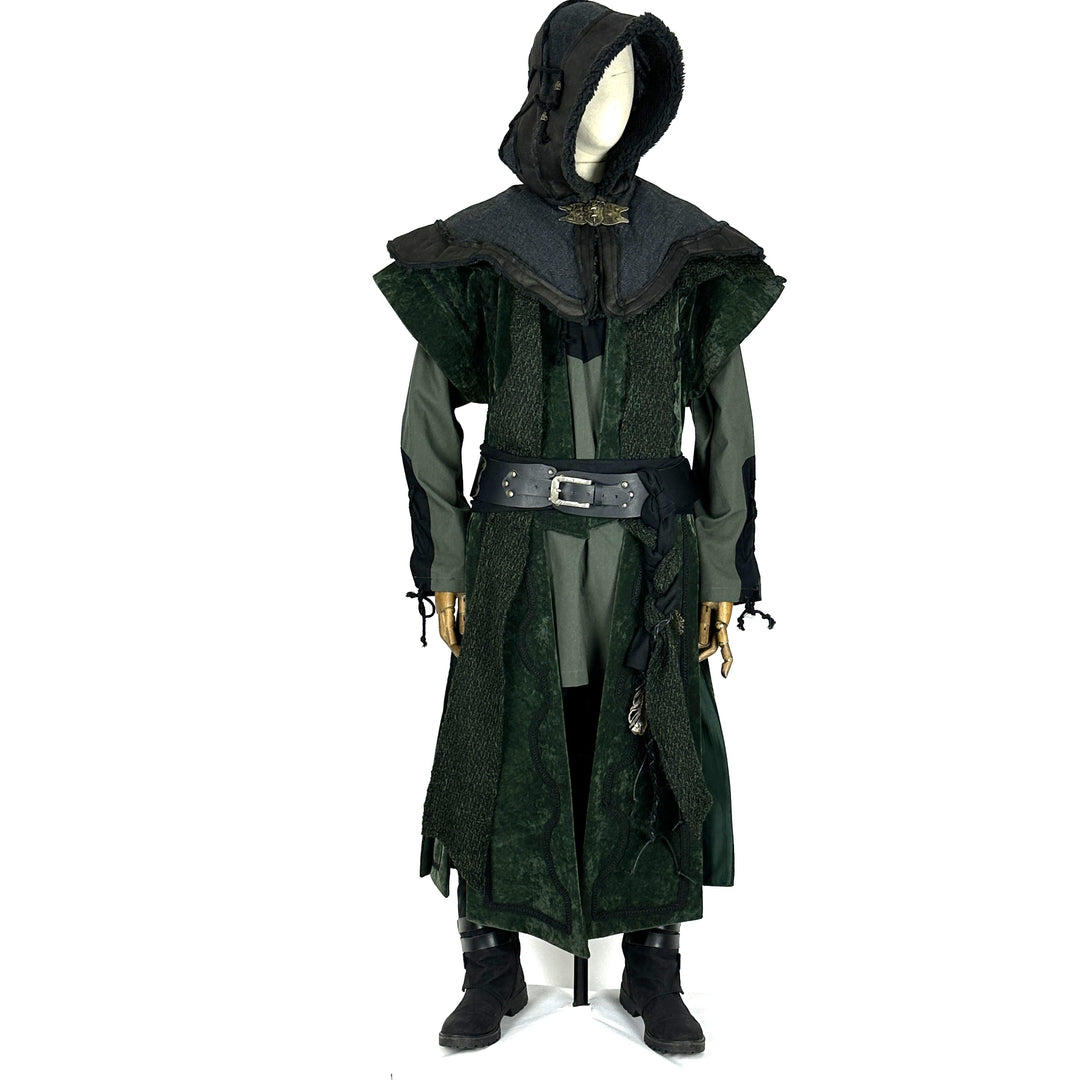 Front view of a medieval LARP costume, featuring a long green suede-effect waistcoat, leather.
