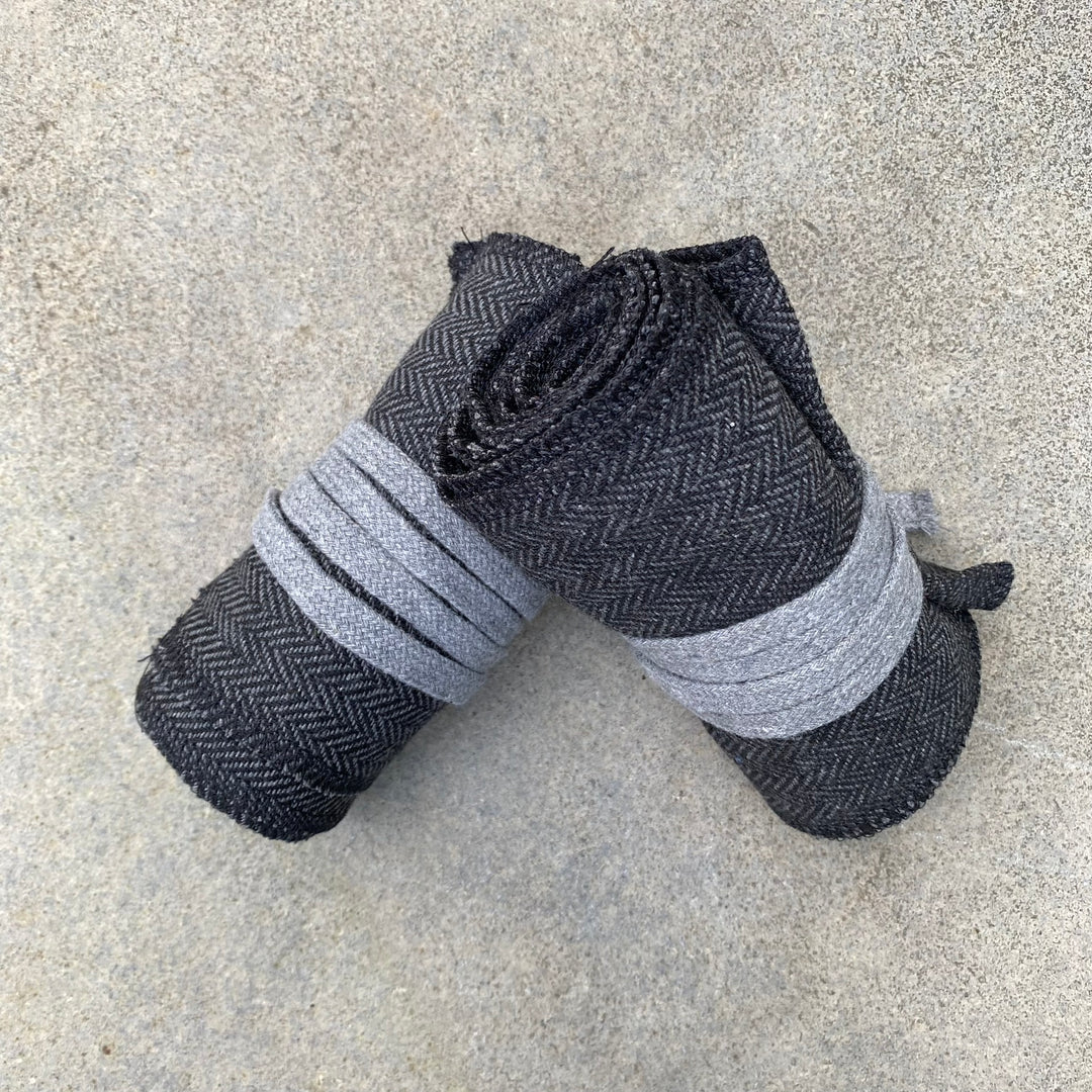 Grey and black herringbone wool wraps for LARP and medieval attire.