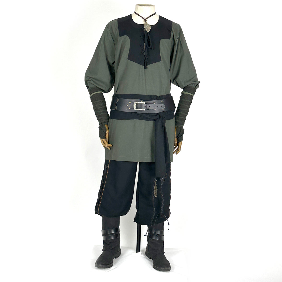 Green and black LARP outfit: hood, arm wraps, shirt, pants, sash, front view.