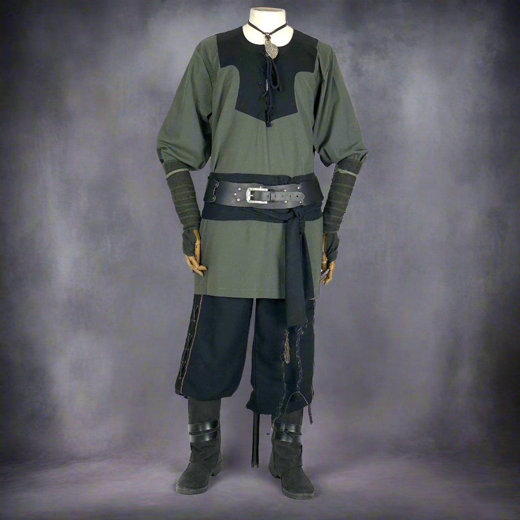 LARP Mountain Druid set, green and black outfit with hood, necklace, frontal view.