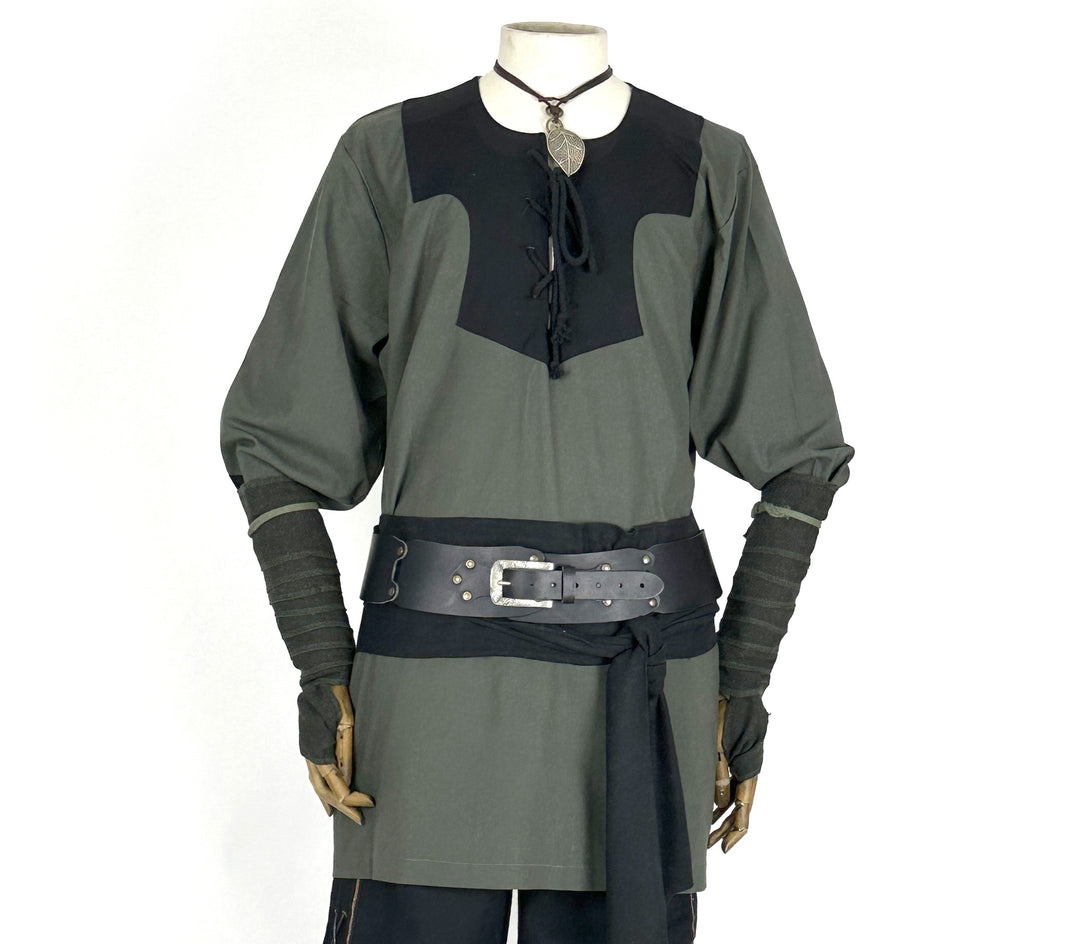 LARP medieval green and black outfit, shirt, arm wraps, pants, sash.