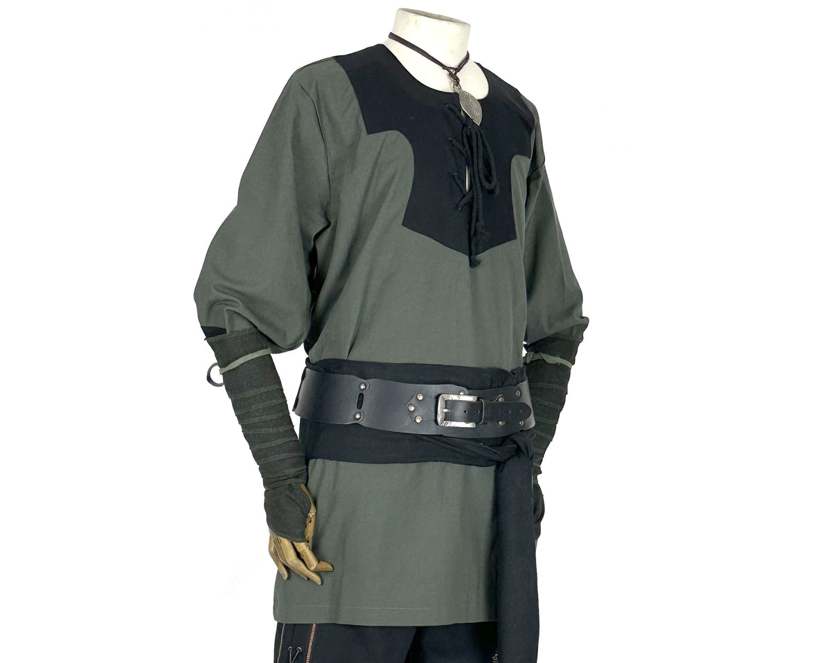 Green and black medieval LARP outfit with shirt, arm wraps, pants, sash.