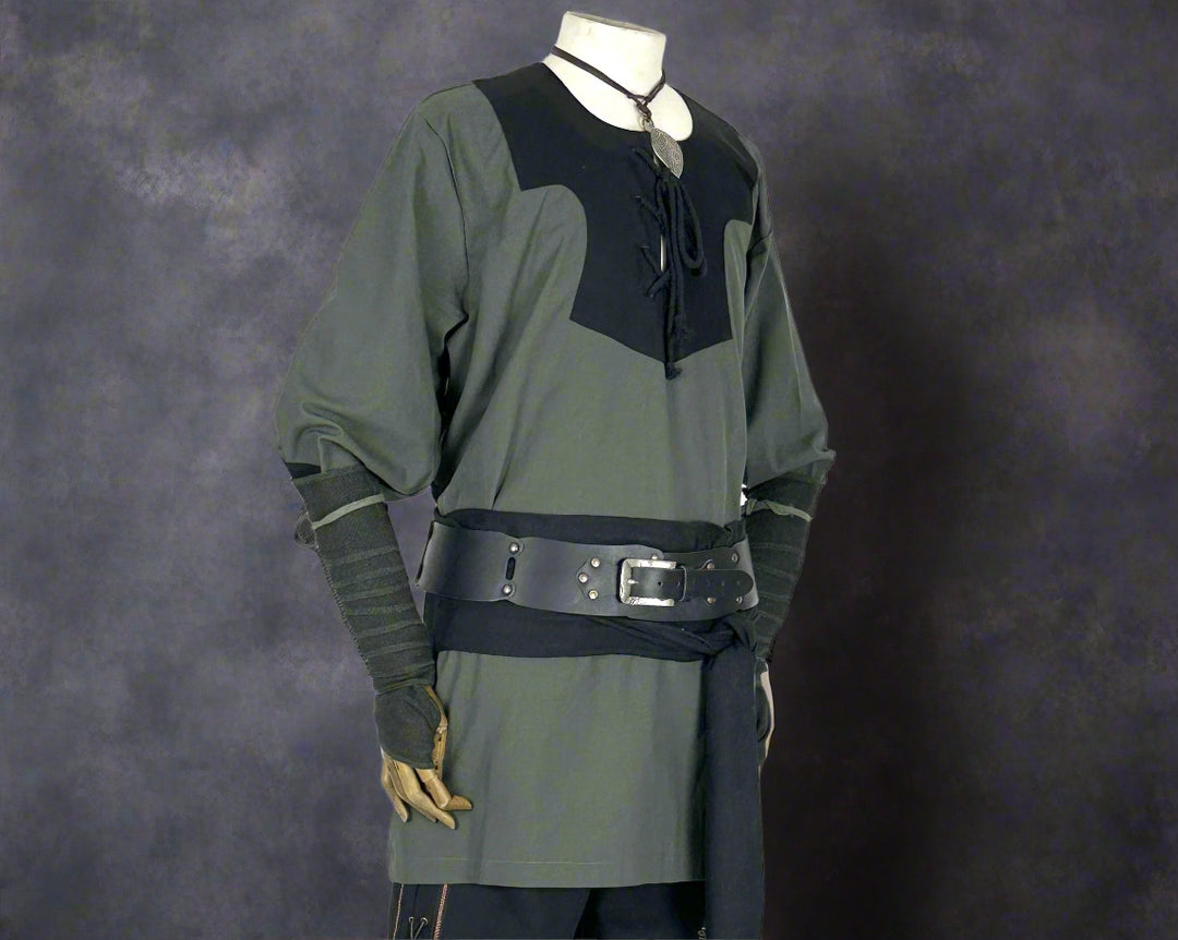 two-tone cotton Viking shirt in slate green and black for medieval costume.
