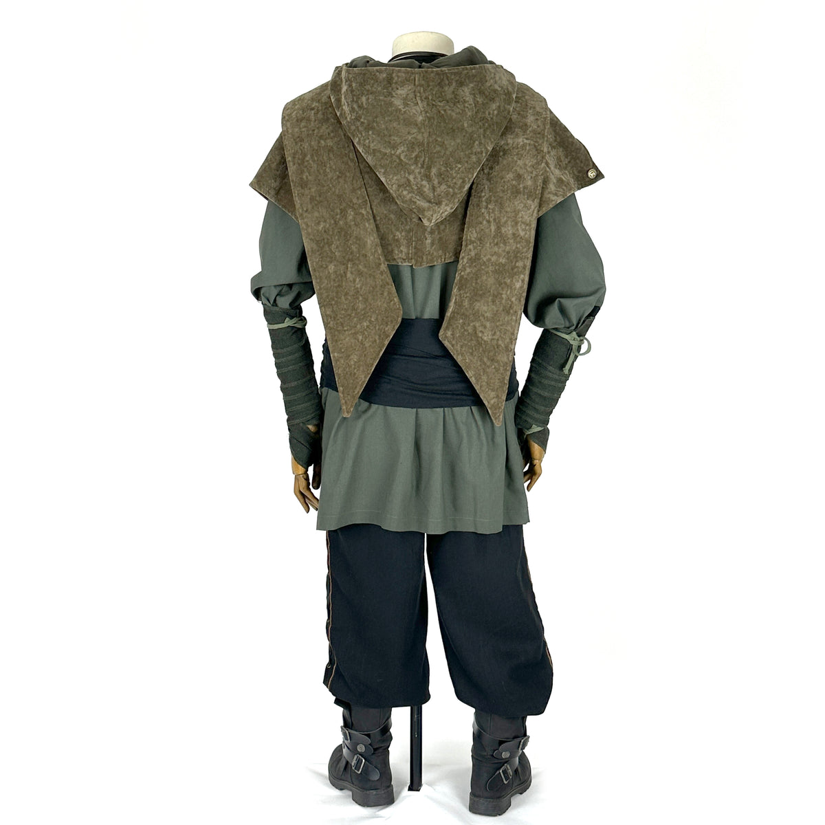 Green and black LARP outfit, back view, includes hood, shirt, pants, sash.