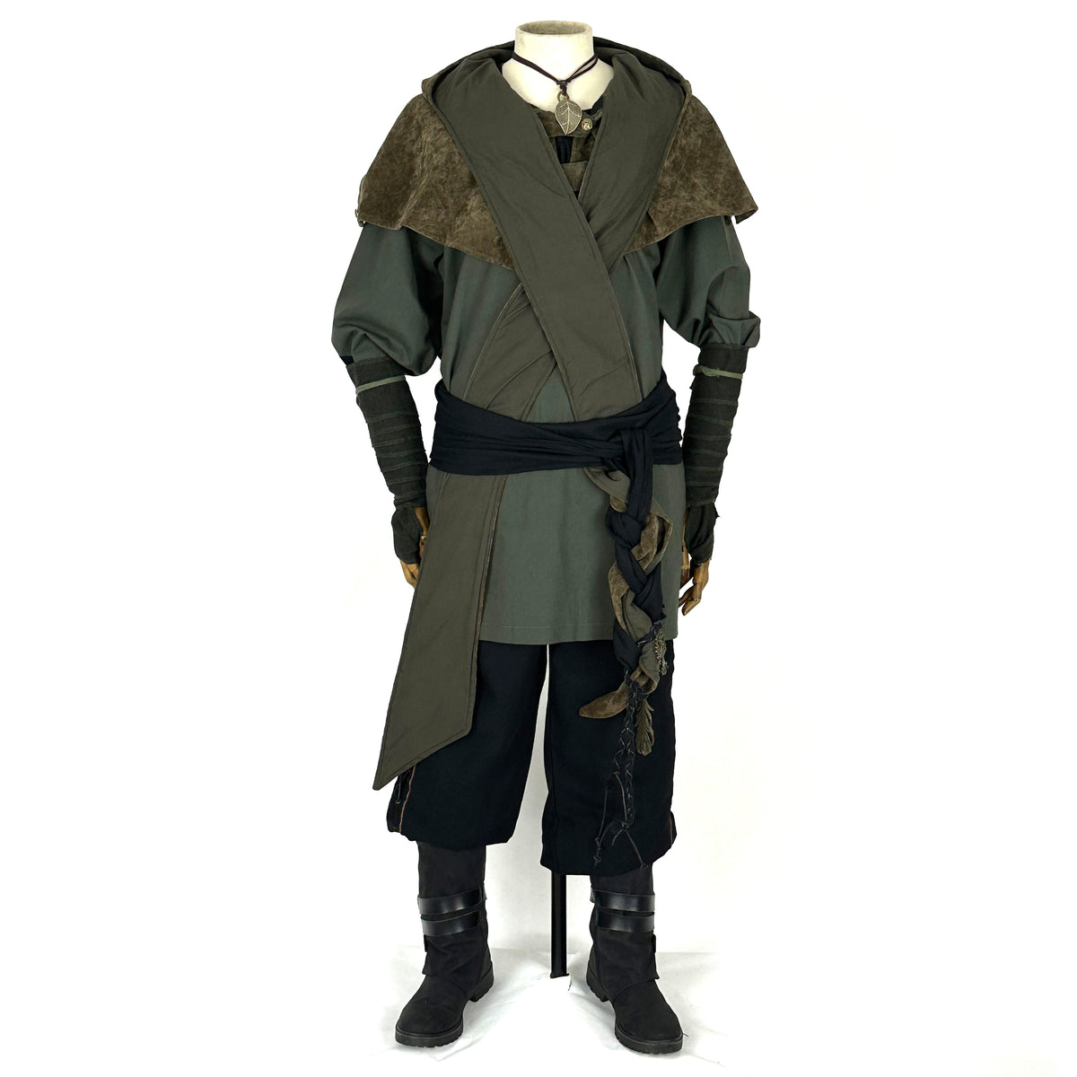 Green and black LARP outfit with hood, arm wraps, shirt, pants, and sash.