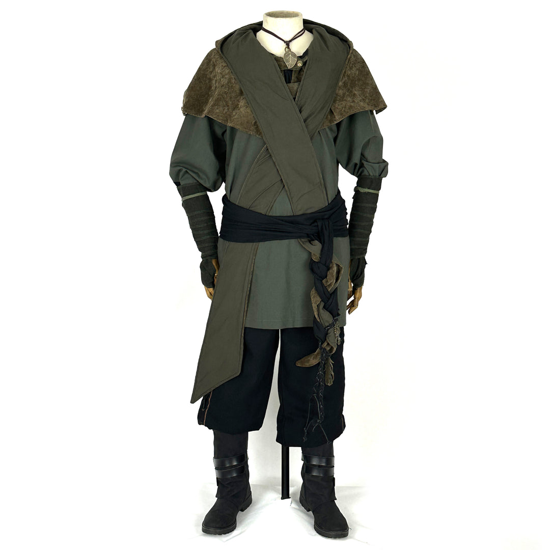 Green and black LARP outfit with hood, arm wraps, shirt, pants, and sash.